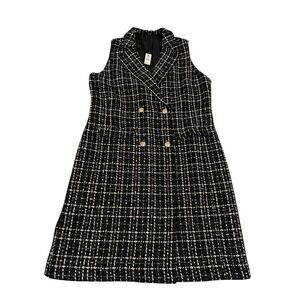 Talbots Double Breasted Tweed Mini Dress Sleeveless Black White Metallic Size 12